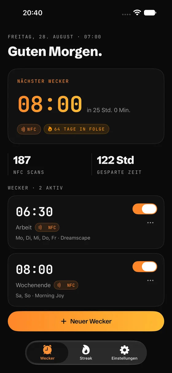 RiseUp App, Wecker-&Uuml;bersicht