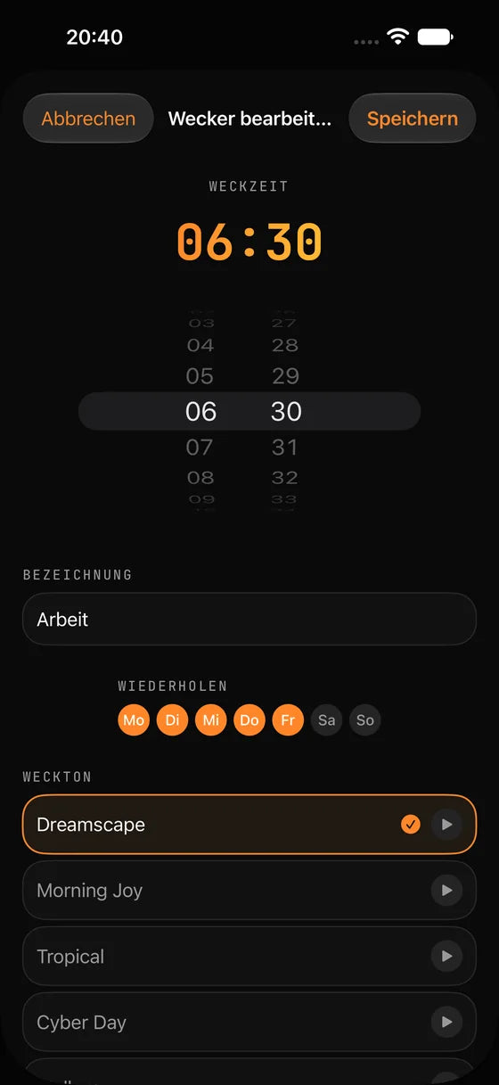 RiseUp App auf dem iPhone: Weckerliste im Hellmodus