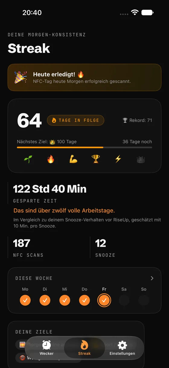 RiseUp App: Streak-Übersicht mit gesparter Zeit